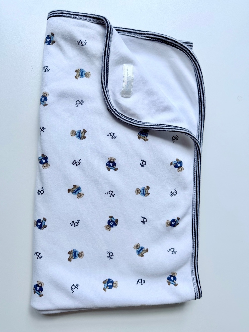 Ralph Lauren White Baby Blanket with Blue Bear Motif